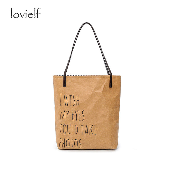 lovielf HOT Women Handbags Kraft Paper Bolsas I WISH MY EYE COULD TAKE PHOTO Fashion Shoulder Bags Shopping Tote Bag sac a main