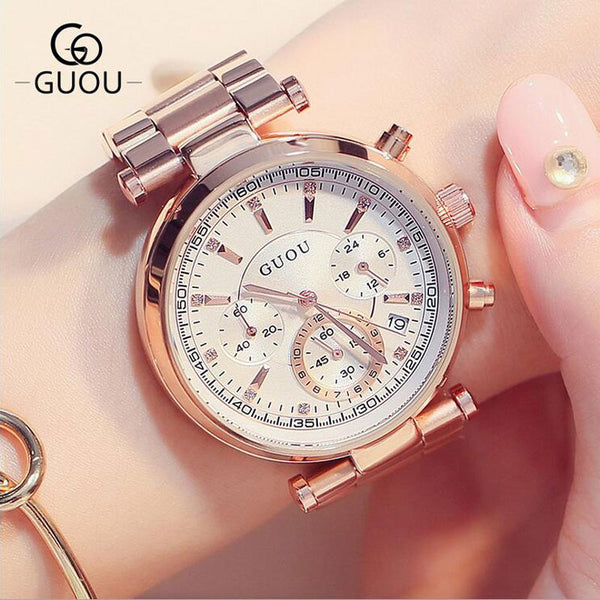 GUOU Luxury Watch Women Steel Bracelet Auto Date Women's Watches Multi-runtioan Ladies Clock saat relogio feminino reloj mujer