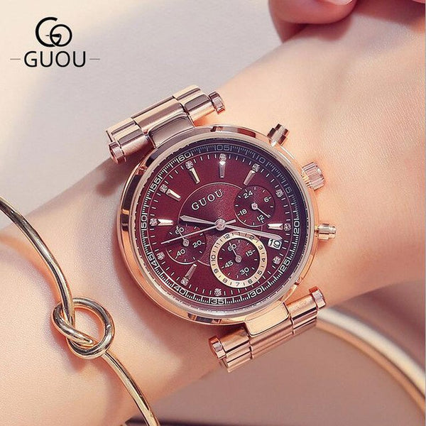 GUOU Luxury Watch Women Steel Bracelet Auto Date Women's Watches Multi-runtioan Ladies Clock saat relogio feminino reloj mujer