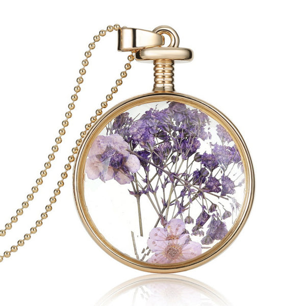 LIEBE ENGEL Women Jewelry Collares Dried Flowers Glass Necklace&Pendant Gold Vintage Long Chain Necklace Summer Fine Jewelry
