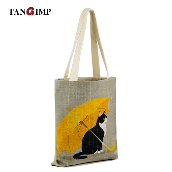 TANGIMP Handbags for Laptop Cat with Yellow Umbrella Cotton Grocery Shopping Tote Women Eco Reusable Tote Beach Bags Bookbags