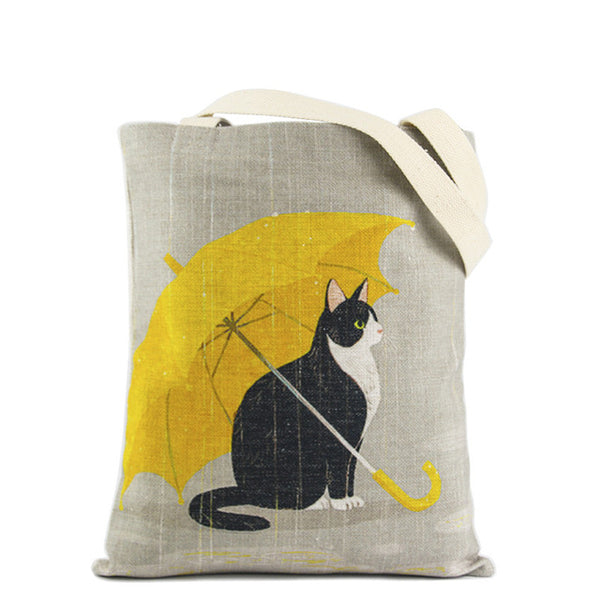 TANGIMP Handbags for Laptop Cat with Yellow Umbrella Cotton Grocery Shopping Tote Women Eco Reusable Tote Beach Bags Bookbags